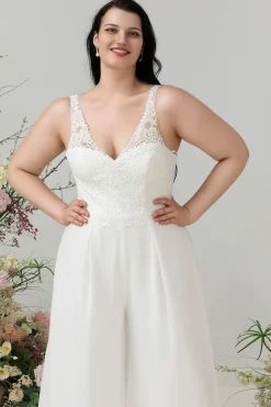 Renda de marfim & macacão Chiffon para casamento