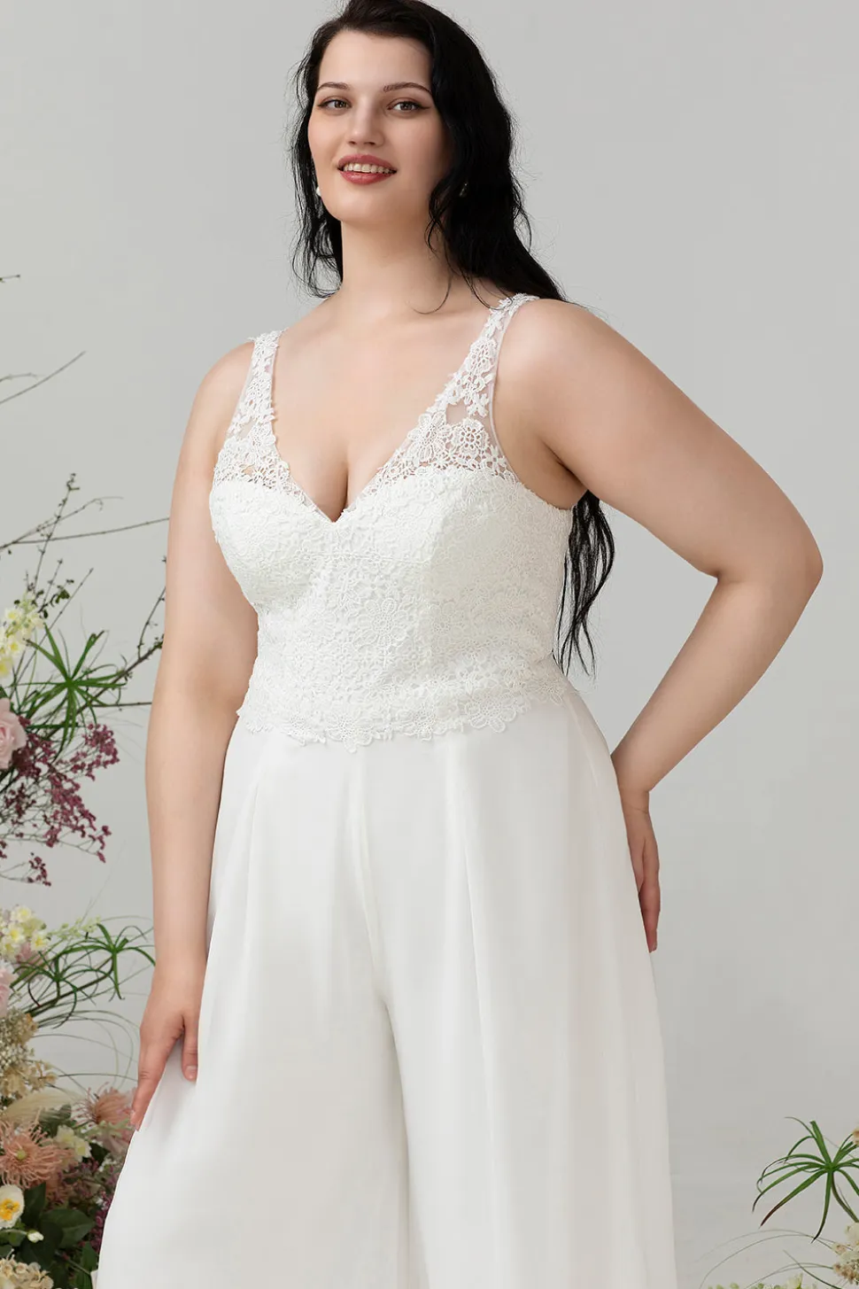 Renda de marfim & macacão Chiffon para casamento