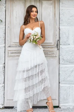 Renda de Marfim Assimétrico Destacável Trem Boho Vestido de Noiva