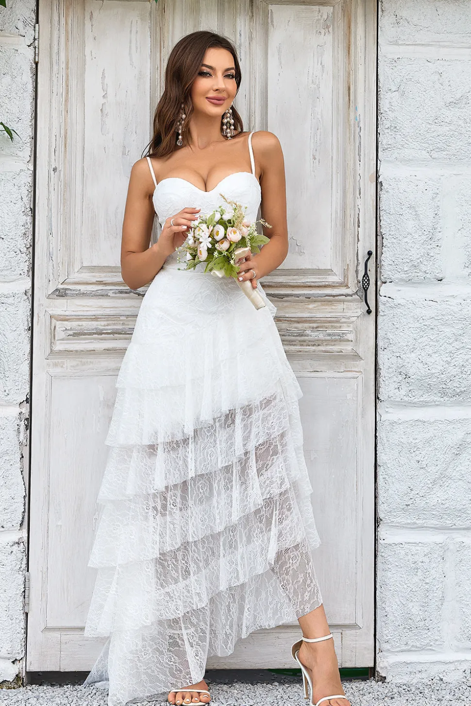 Renda de Marfim Assimétrico Destacável Trem Boho Vestido de Noiva