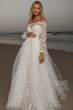 Renda de marfim elegante uma linha fora do ombro vestido de noiva com mangas compridas