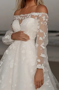 Renda de marfim elegante uma linha fora do ombro vestido de noiva com mangas compridas