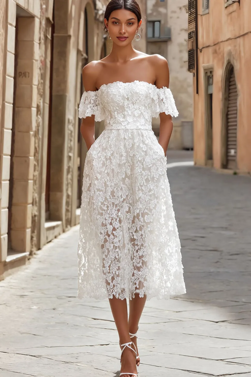 Renda de marfim fora do ombro midi vestido de noiva