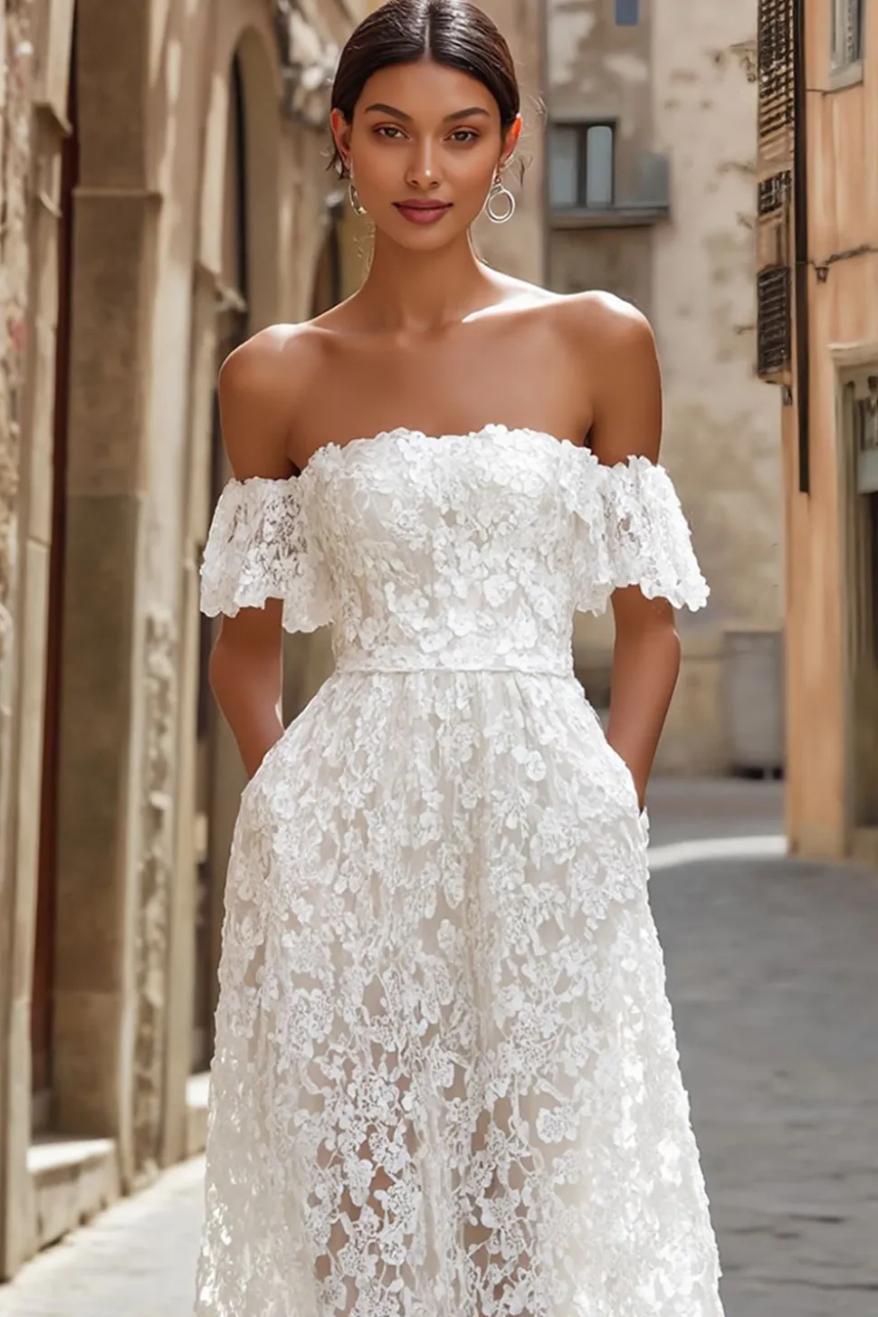Renda de marfim fora do ombro midi vestido de noiva