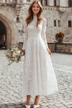 Renda de Marfim Uma Linha High Neck Vestido de Jantar de Ensaio