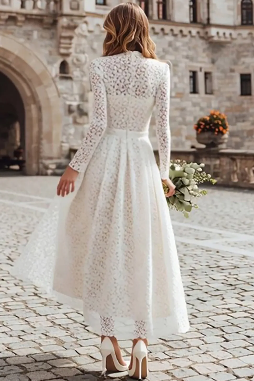 Renda de Marfim Uma Linha High Neck Vestido de Jantar de Ensaio