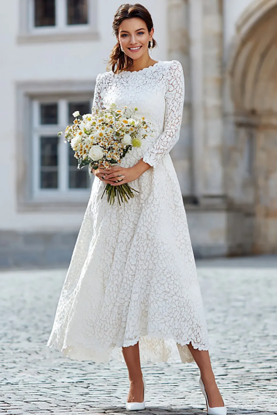 Renda de Marfim Uma Linha Vestido de Receção de Casamento Longo com Mangas Longas