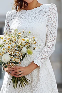 Renda de Marfim Uma Linha Vestido de Receção de Casamento Longo com Mangas Longas