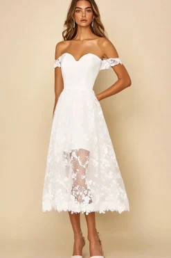 Renda Fora do Ombro Linha-A Midi Vestidinho Branco