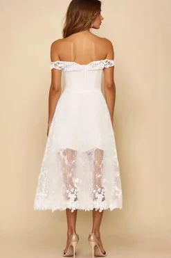 Renda Fora do Ombro Linha-A Midi Vestidinho Branco