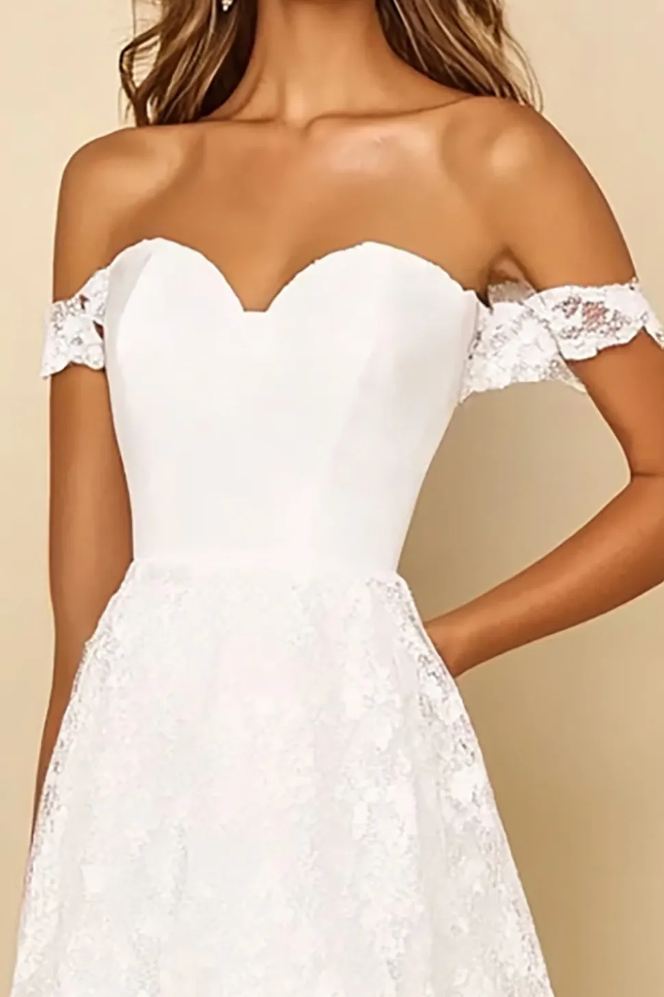Renda Fora do Ombro Linha-A Midi Vestidinho Branco