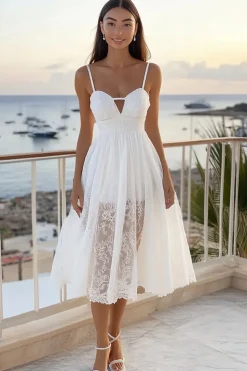 Renda Linha-A Decote Em Coração Midi Vestidinho Branco