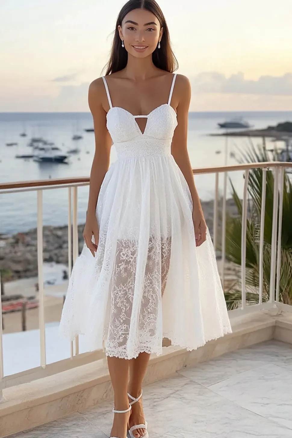 Renda Linha-A Decote Em Coração Midi Vestidinho Branco
