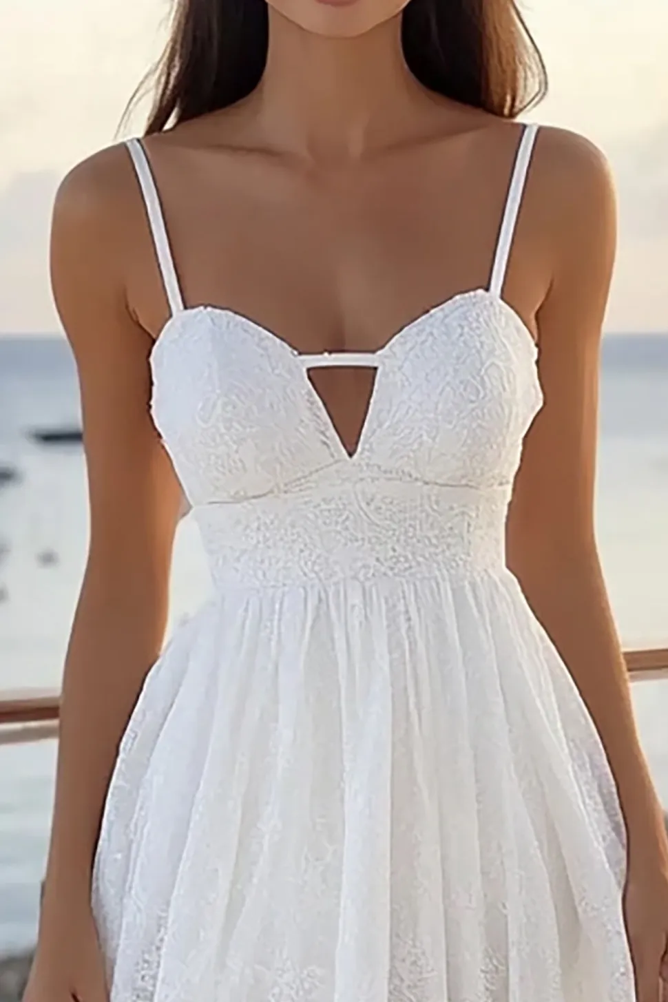 Renda Linha-A Decote Em Coração Midi Vestidinho Branco