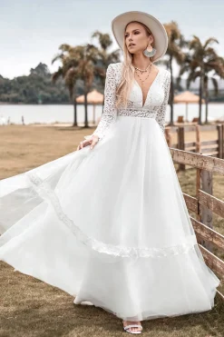 Renda mangas compridas profundo V-neck Boho vestido de noiva com backless