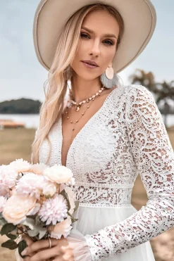 Renda mangas compridas profundo V-neck Boho vestido de noiva com backless