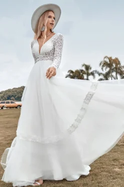 Renda mangas compridas profundo V-neck Boho vestido de noiva com backless