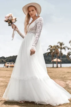 Renda mangas compridas profundo V-neck Boho vestido de noiva com backless