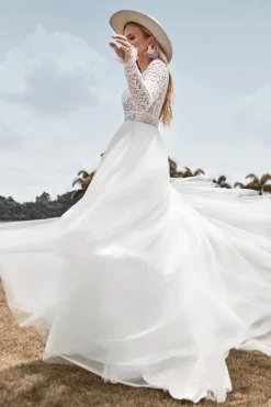 Renda mangas compridas profundo V-neck Boho vestido de noiva com backless
