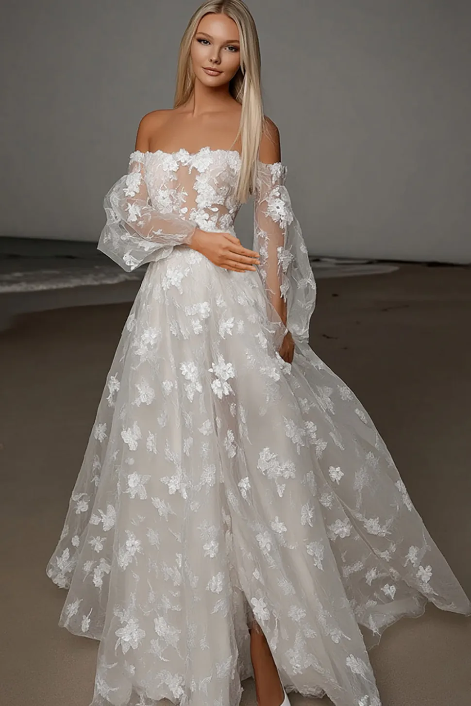 Renda Marfim Uma Linha Appliques Off the Shoulder Weddinng Dress with Slit