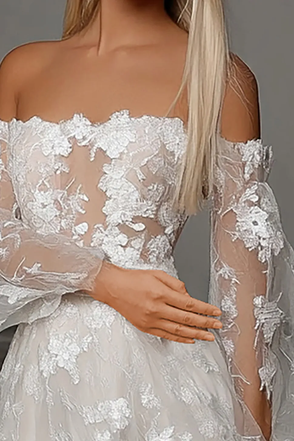 Renda Marfim Uma Linha Appliques Off the Shoulder Weddinng Dress with Slit