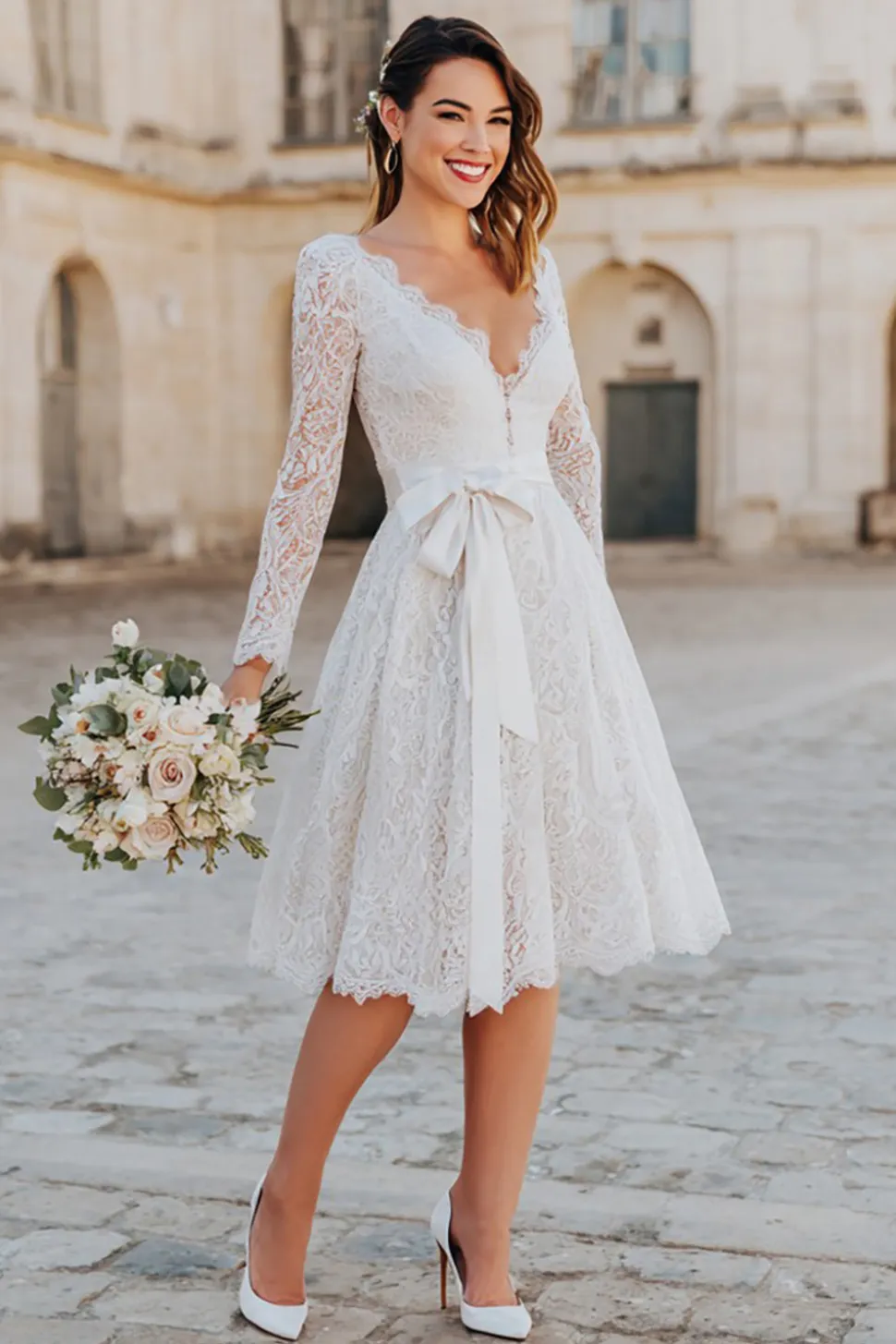 Renda Marfim V Pescoço Uma Linha Midi Vestido de Noivado com Arco