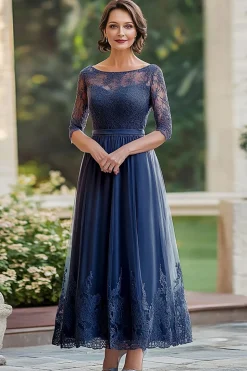 Renda Marinha Elegante Uma Linha Mãe do Vestido da Noiva com 3/4 Mangas