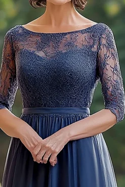 Renda Marinha Elegante Uma Linha Mãe do Vestido da Noiva com 3/4 Mangas