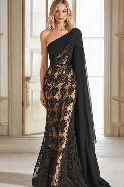 Renda preta um ombro bainha longa mãe do vestido da noiva