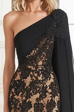 Renda preta um ombro bainha longa mãe do vestido da noiva