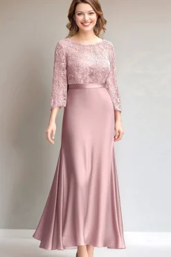 Renda rosa Ruched mangas compridas mãe do vestido da noiva