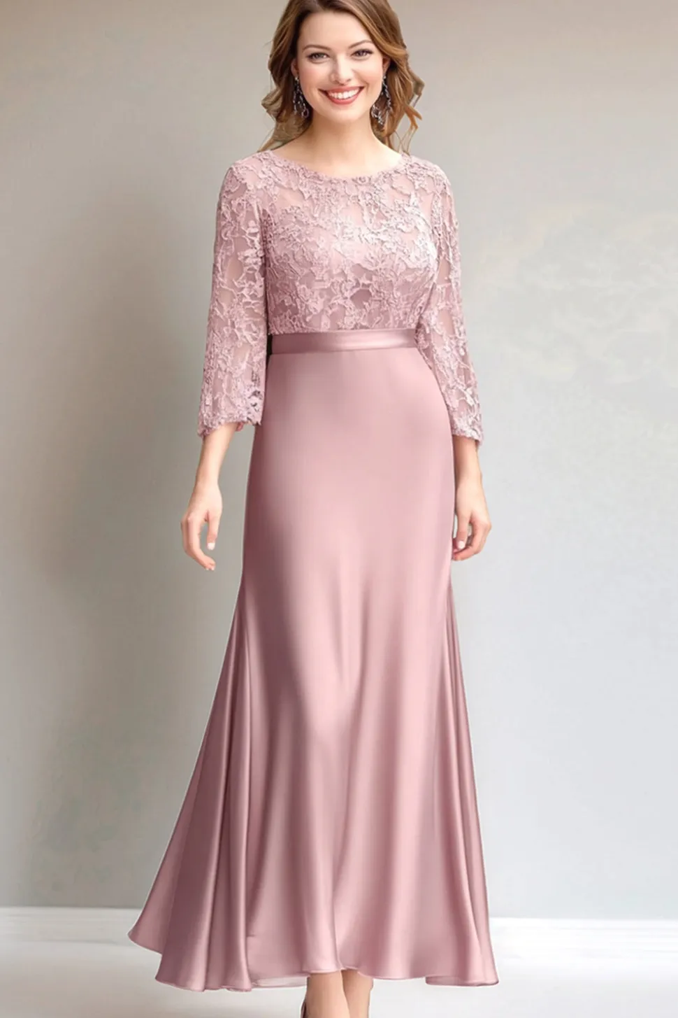 Renda rosa Ruched mangas compridas mãe do vestido da noiva