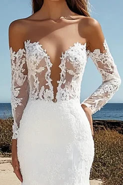 Renda Tule Marfim Fora do Ombro Sereia Vestido de Noiva