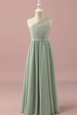 Renda Um Ombro Verde Vestido Dama de Honra Júnior