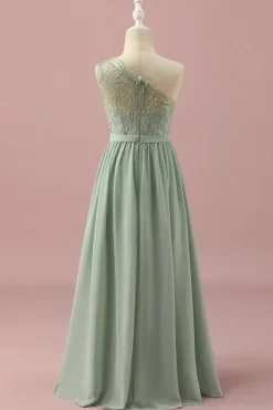 Renda Um Ombro Verde Vestido Dama de Honra Júnior