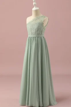 Renda Um Ombro Verde Vestido Dama de Honra Júnior