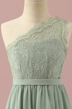 Renda Um Ombro Verde Vestido Dama de Honra Júnior