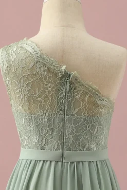 Renda Um Ombro Verde Vestido Dama de Honra Júnior