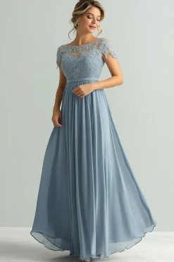 Renda Uma Linha Dusty Blue Chiffon Pescoço Redondo Mangas Curtas Mãe do Vestido da Noiva