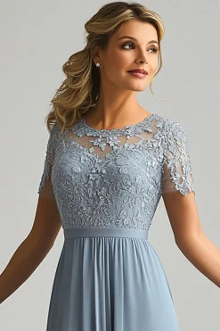 Renda Uma Linha Dusty Blue Chiffon Pescoço Redondo Mangas Curtas Mãe do Vestido da Noiva