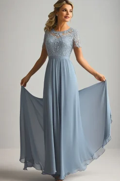 Renda Uma Linha Dusty Blue Chiffon Pescoço Redondo Mangas Curtas Mãe do Vestido da Noiva