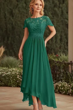 Renda Verde Escuro Assimétrico Mãe do Vestido da Noiva com Mangas Curtas