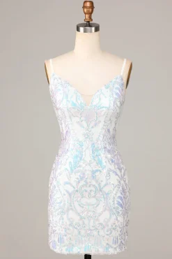 Requintado Outlook Bainha Esparguete Correias Sequins Branco Vestido Curto Homecoming
