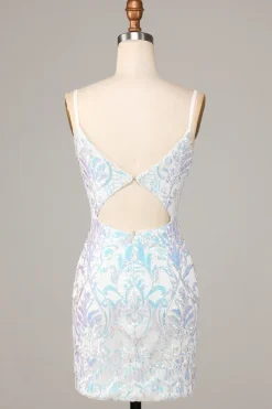 Requintado Outlook Bainha Esparguete Correias Sequins Branco Vestido Curto Homecoming