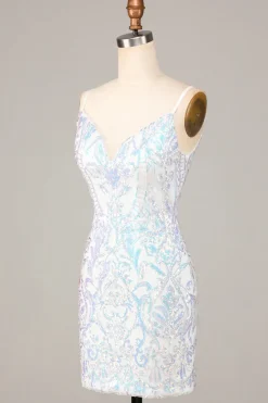 Requintado Outlook Bainha Esparguete Correias Sequins Branco Vestido Curto Homecoming