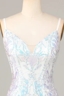 Requintado Outlook Bainha Esparguete Correias Sequins Branco Vestido Curto Homecoming