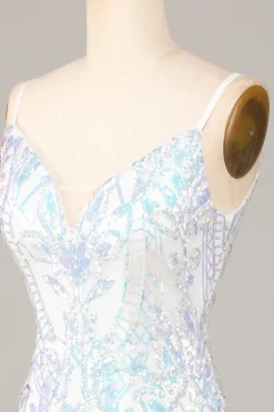 Requintado Outlook Bainha Esparguete Correias Sequins Branco Vestido Curto Homecoming