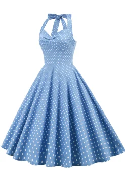 Retro Polka Dots Halter Open Back Dress