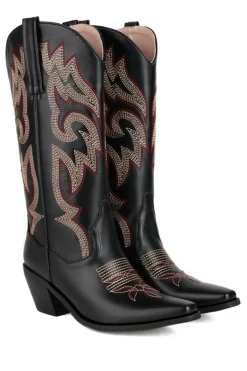 Retro Preto Dedo Apontado Salto Chunky Mid Calf Cowgirl Botas