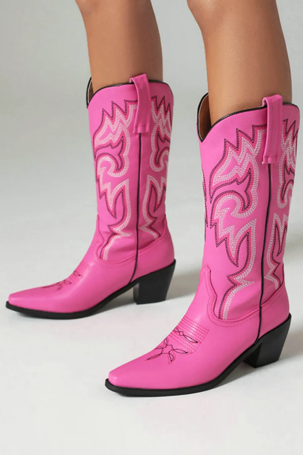 Retro Preto Dedo Apontado Salto Chunky Mid Calf Cowgirl Botas